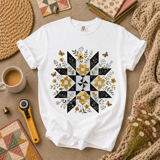 Sunflower Quilt Star Butterflies T-Shirt - White