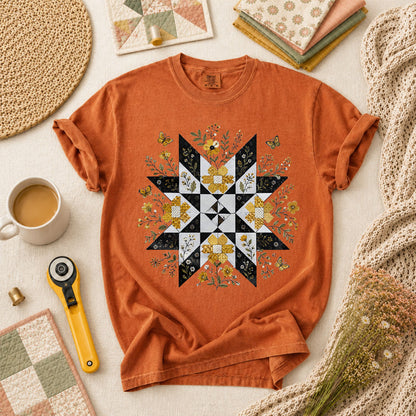 Sunflower Quilt Star Butterflies T-Shirt - Yam