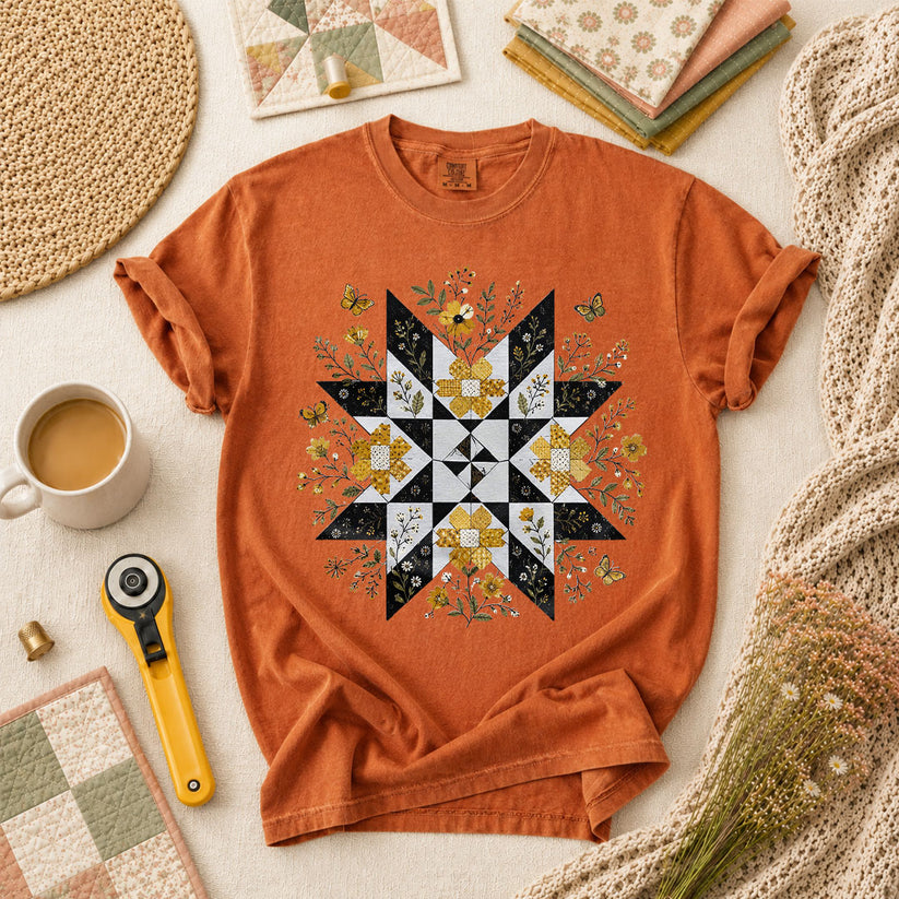 Sunflower Quilt Star Butterflies T-Shirt - Yam