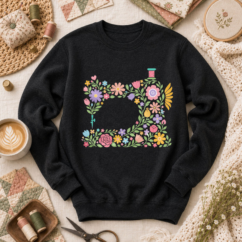 Pastel Sewing Machine Wildflowers - Black