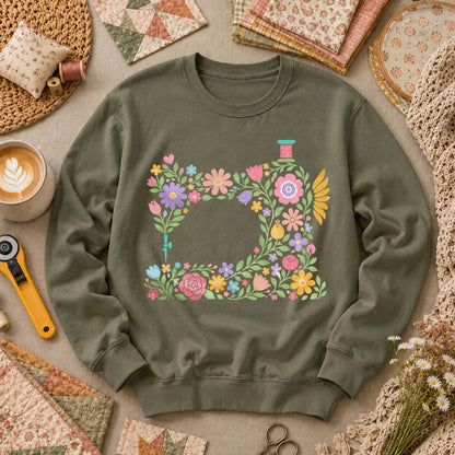 Pastel Sewing Machine Wildflowers - Military Green