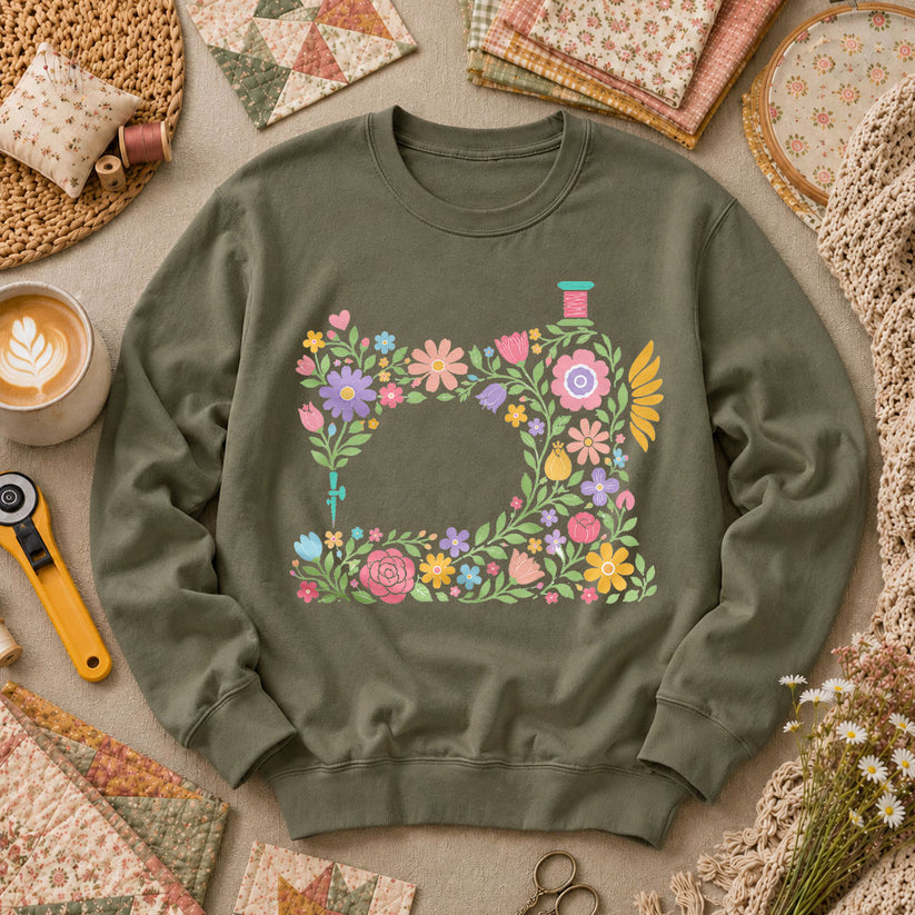 Pastel Sewing Machine Wildflowers - Military Green