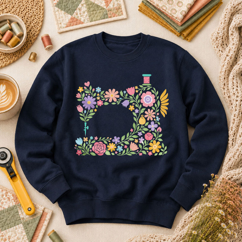 Pastel Sewing Machine Wildflowers - Navy