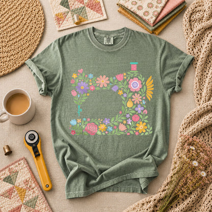 Pastel Sewing Machine Wildflowers T-Shirt - Forest