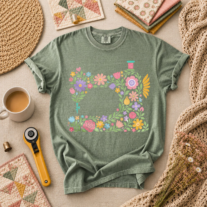 Pastel Sewing Machine Wildflowers T-Shirt - Forest
