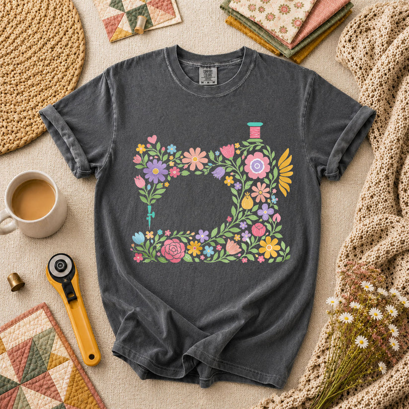 Pastel Sewing Machine Wildflowers T-Shirt - Grey