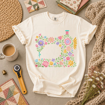 Pastel Sewing Machine Wildflowers T-Shirt - Ivory