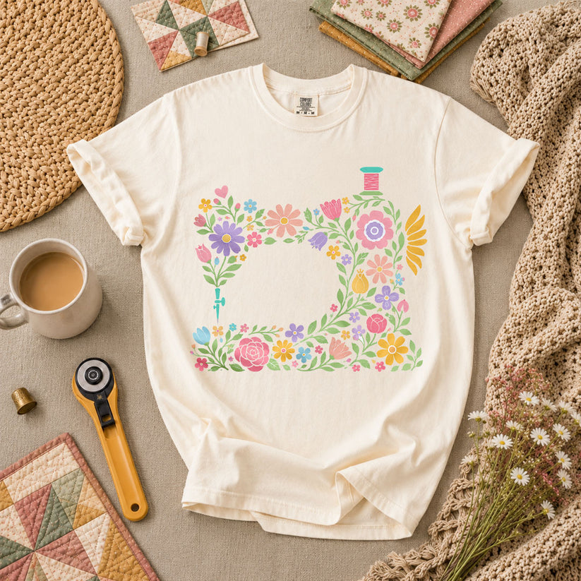 Pastel Sewing Machine Wildflowers T-Shirt - Ivory