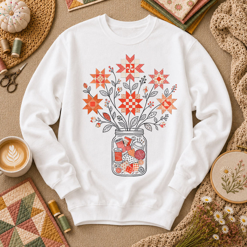 Autumn Sewing Bouquet Mason Jar - White