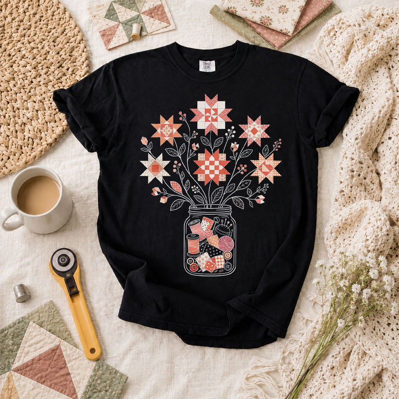 Autumn Sewing Bouquet Mason Jar T-Shirt - Black