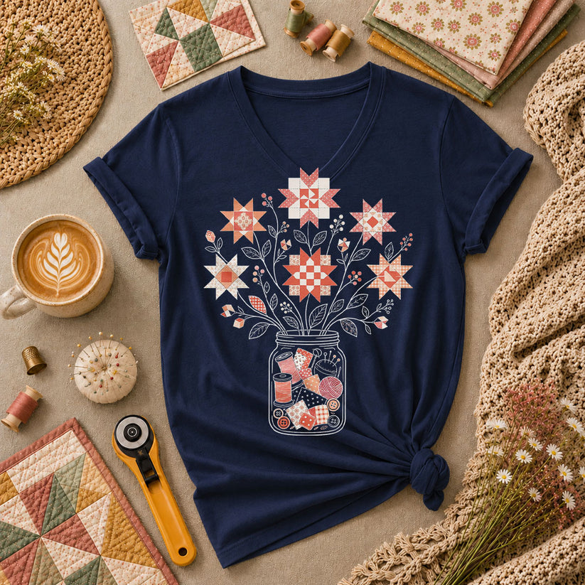 Autumn Sewing Bouquet Mason Jar - Navy