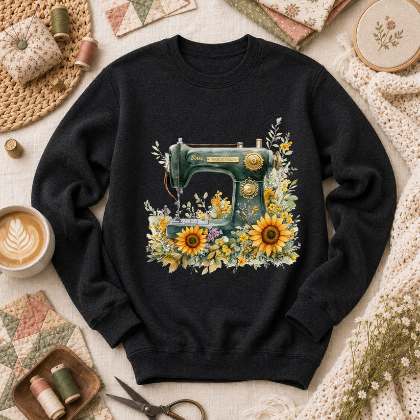 Vintage Sewing Machine Sunflowers - Black