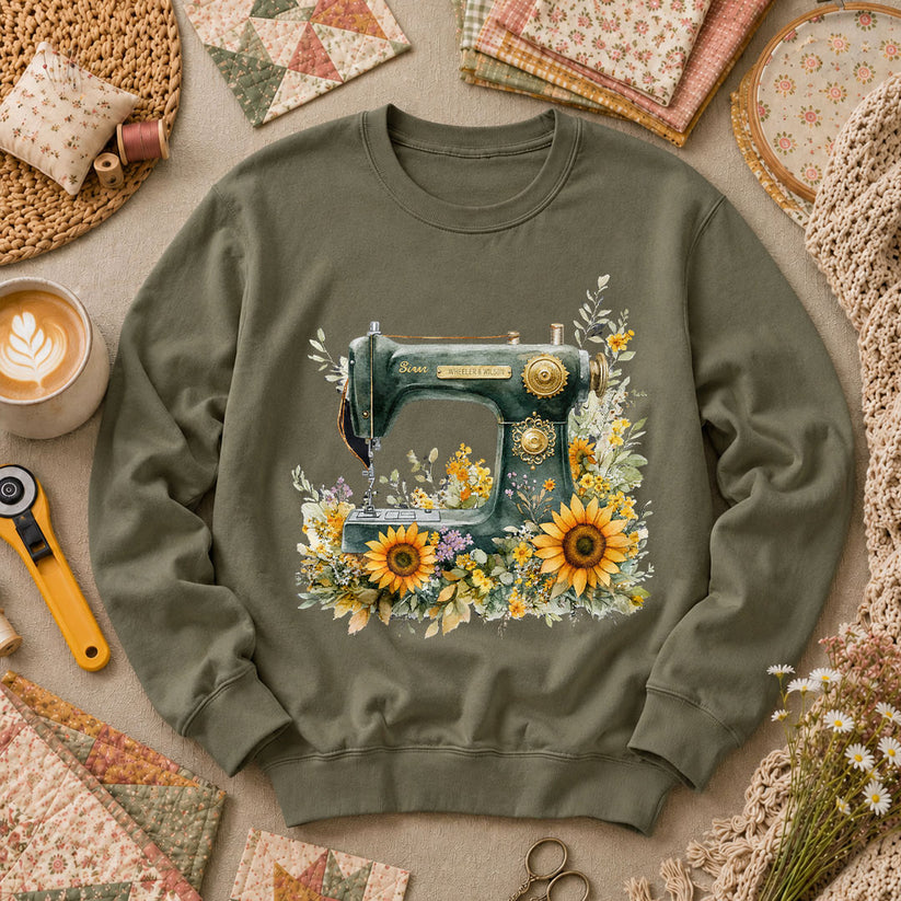 Vintage Sewing Machine Sunflowers - Military Green