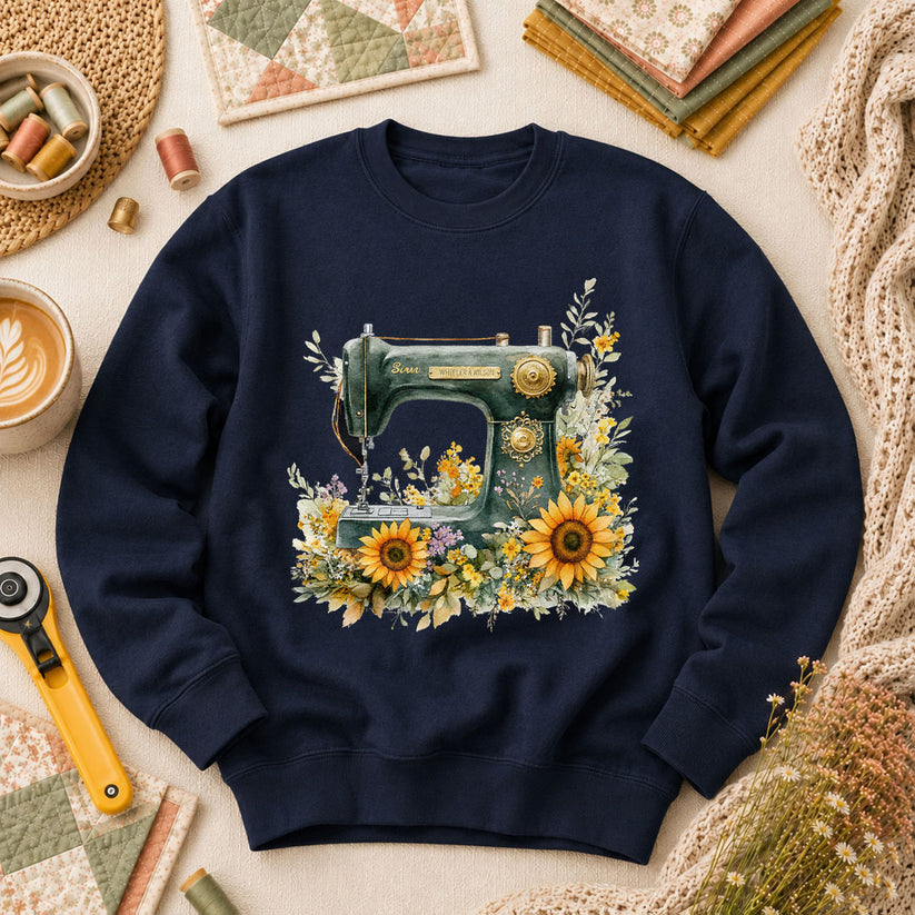 Vintage Sewing Machine Sunflowers - Navy