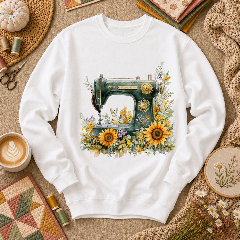 Vintage Sewing Machine Sunflowers - White