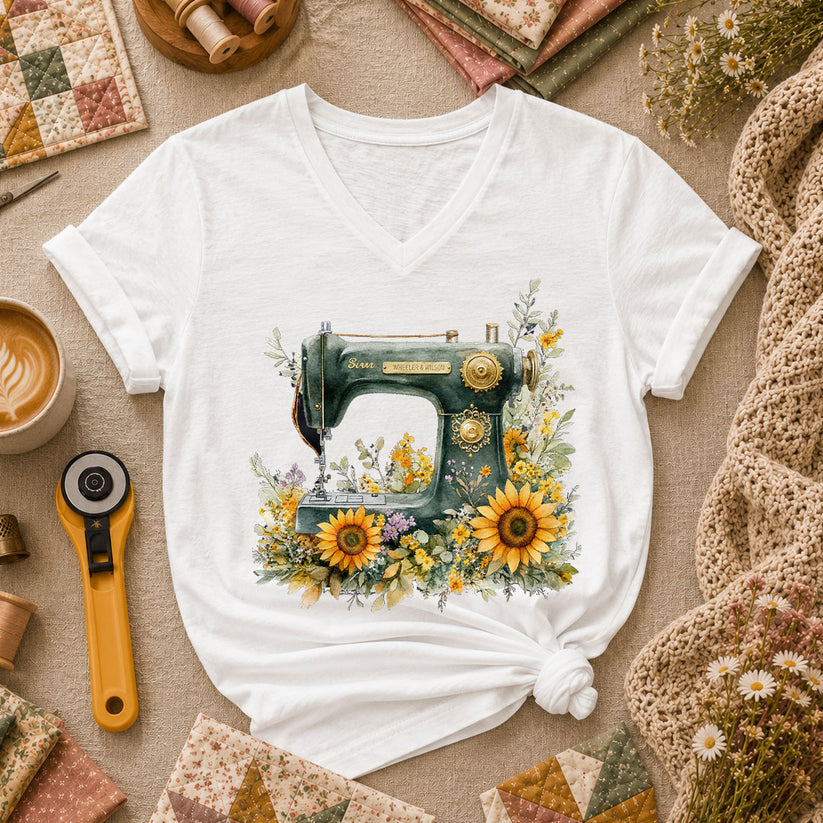 Vintage Sewing Machine Sunflowers - White