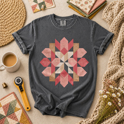 Rose Compass Quilt Block T-Shirt - Grey