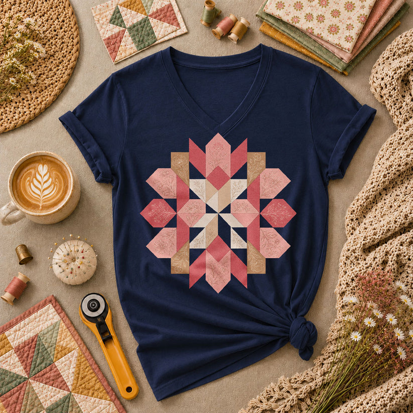 Rose Compass Quilt Block - Navy