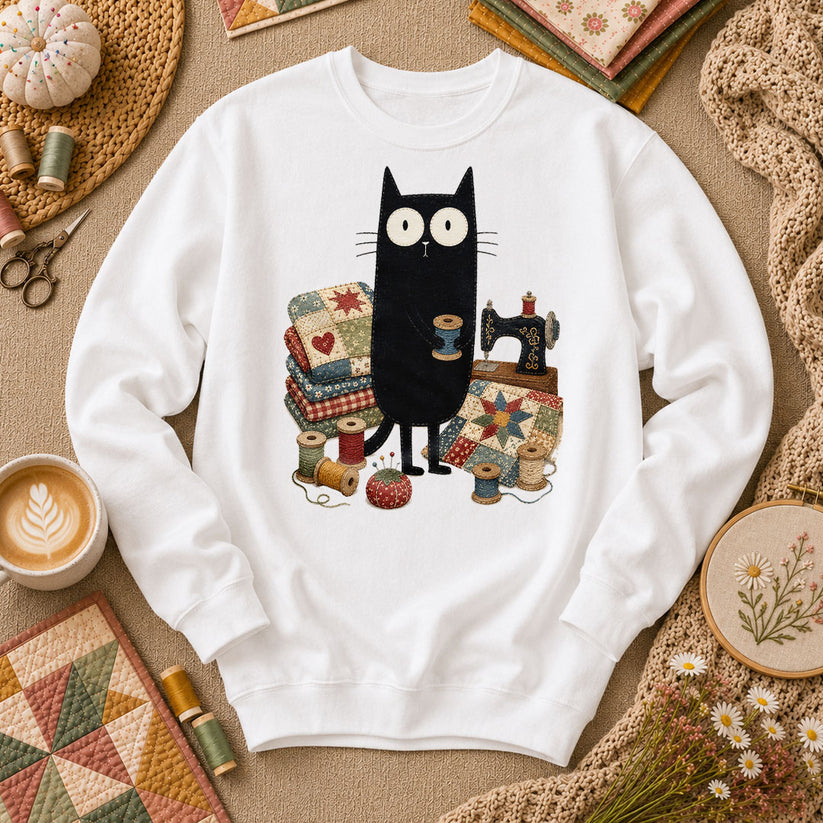 Curious Black Cat Sewing Setup - White