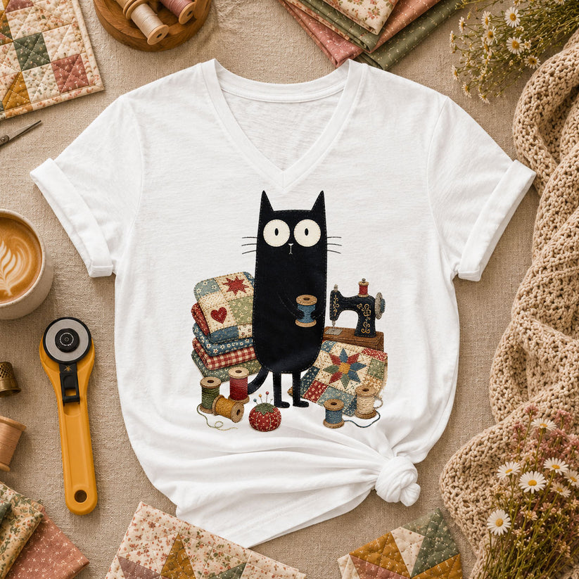 Curious Black Cat Sewing Setup - White