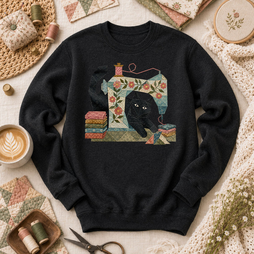 Black Cat Vintage Sewing Machine Floral - Black
