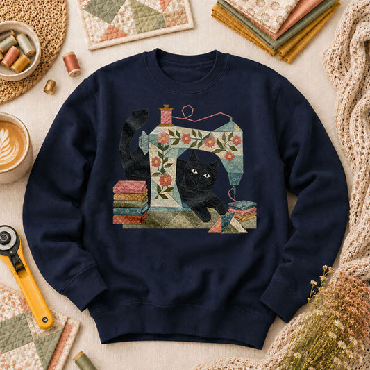 Black Cat Vintage Sewing Machine Floral - Navy
