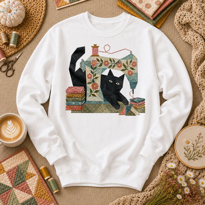 Black Cat Vintage Sewing Machine Floral - White