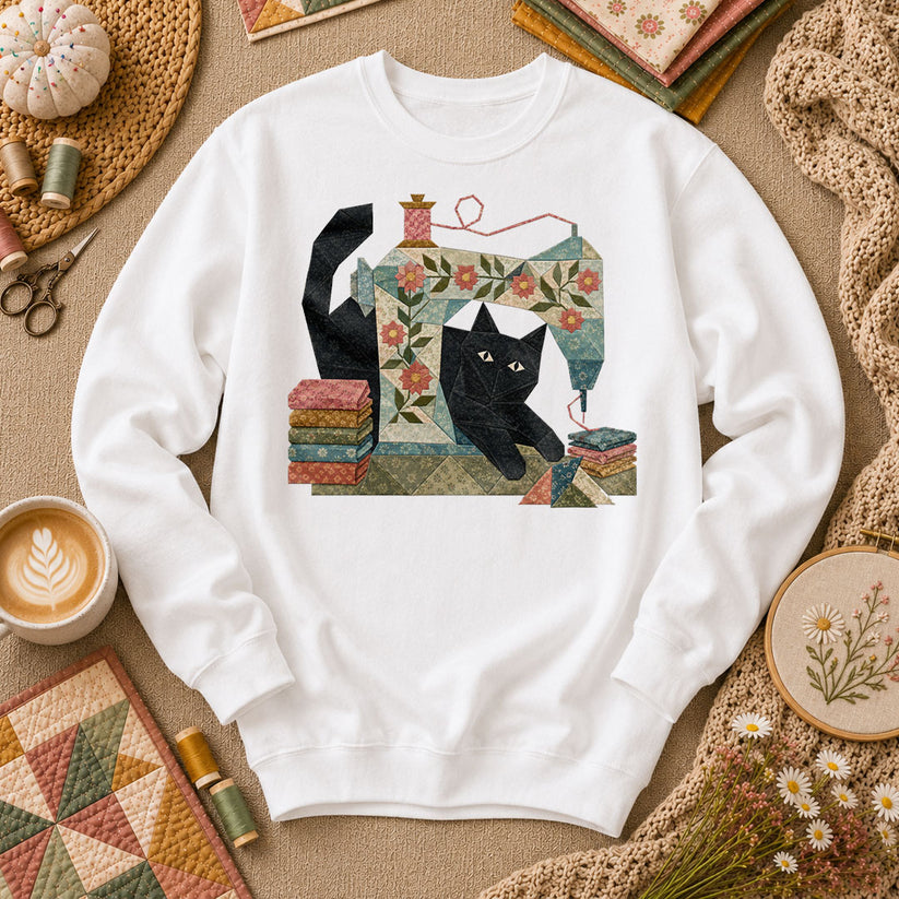 Black Cat Vintage Sewing Machine Floral - White