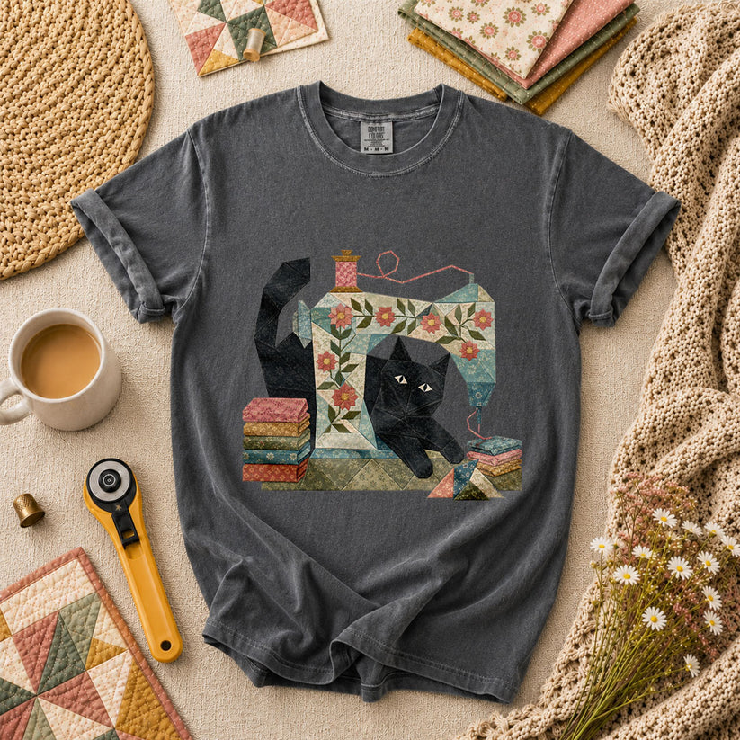 Black Cat Vintage Sewing Machine Floral - Grey