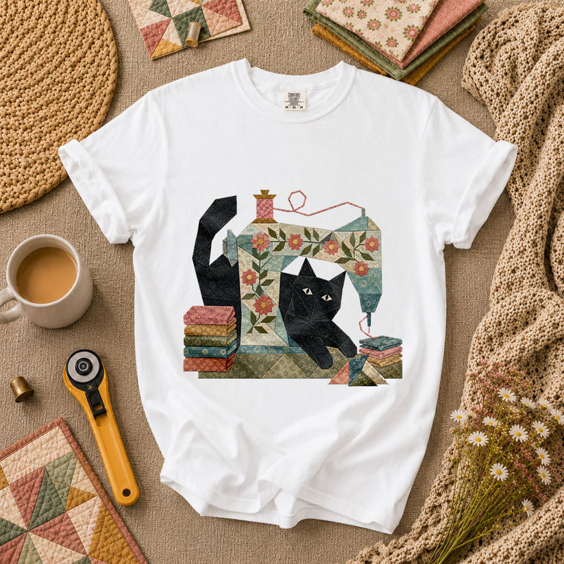 Black Cat Vintage Sewing Machine Floral - White