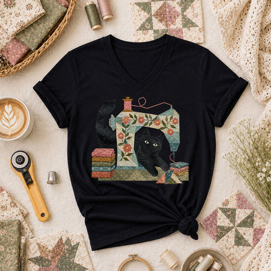 Black Cat Vintage Sewing Machine Floral - Black