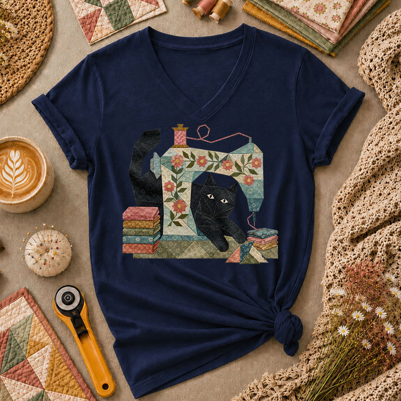 Black Cat Vintage Sewing Machine Floral - Navy