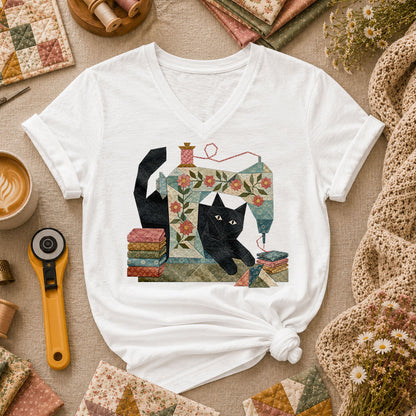 Black Cat Vintage Sewing Machine Floral - White