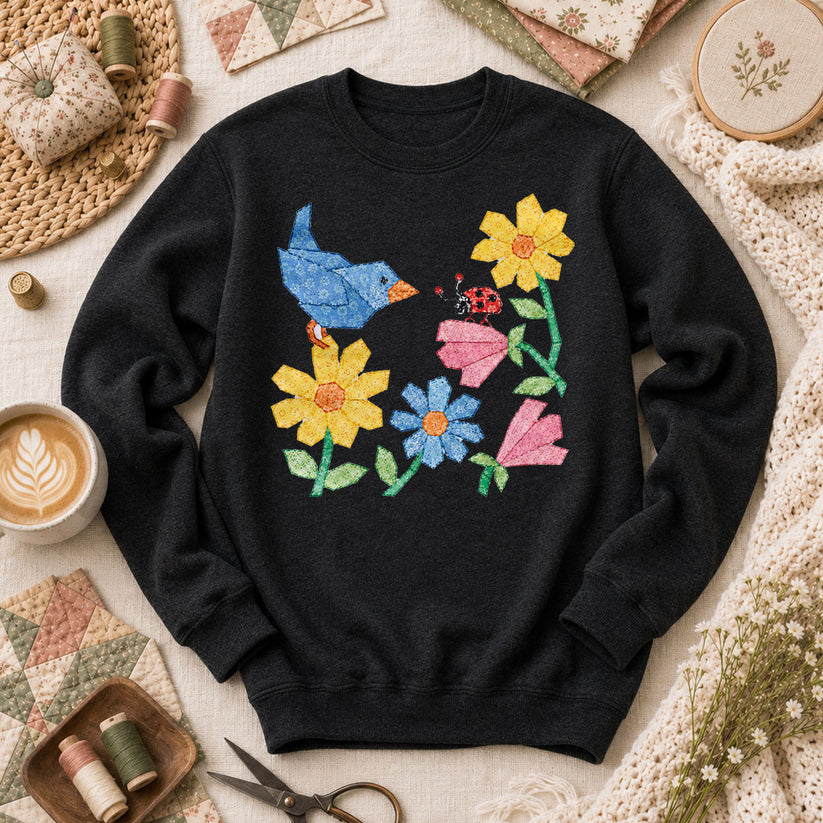 Patchwork Bluebird Wildflowers Ladybug - Black