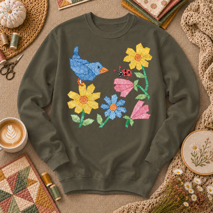 Patchwork Bluebird Wildflowers Ladybug - Military Green