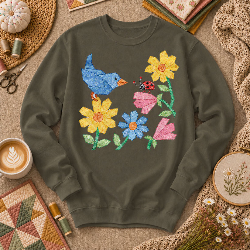Patchwork Bluebird Wildflowers Ladybug - Military Green