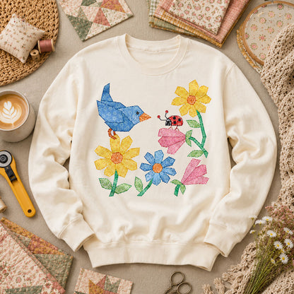 Patchwork Bluebird Wildflowers Ladybug - Natural