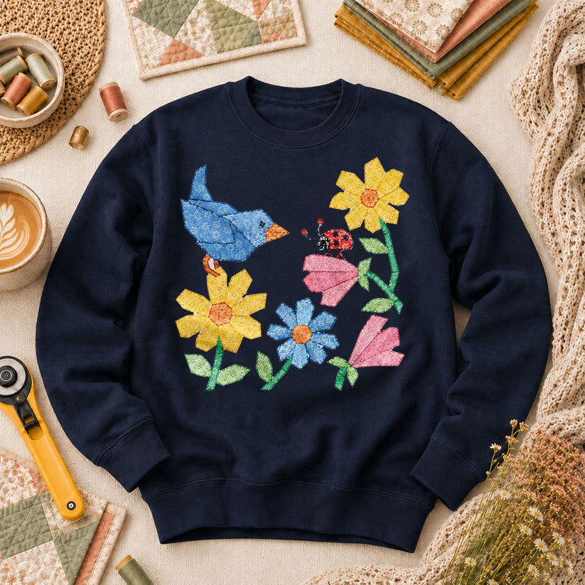 Patchwork Bluebird Wildflowers Ladybug - Navy