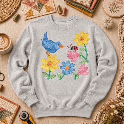 Patchwork Bluebird Wildflowers Ladybug - Sport Grey