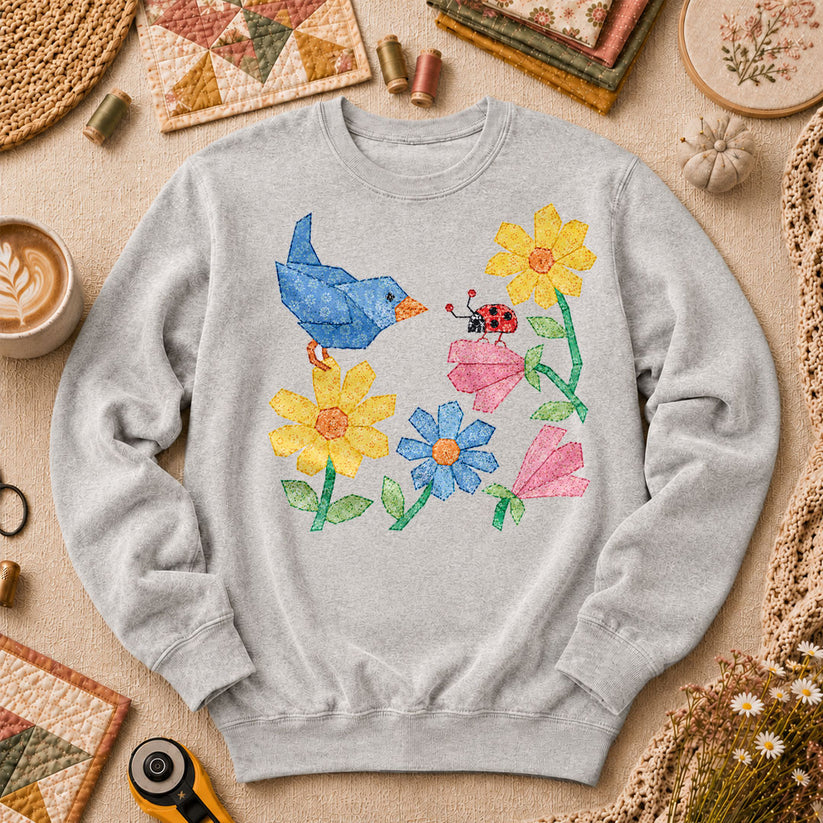 Patchwork Bluebird Wildflowers Ladybug - Sport Grey