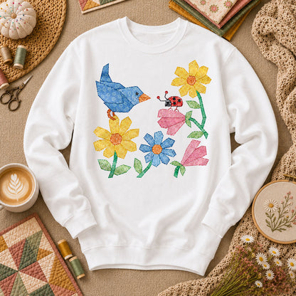 Patchwork Bluebird Wildflowers Ladybug - White