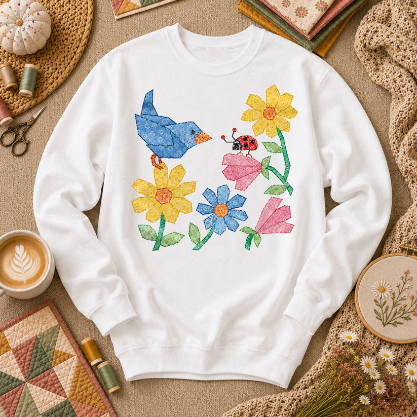 Patchwork Bluebird Wildflowers Ladybug - White