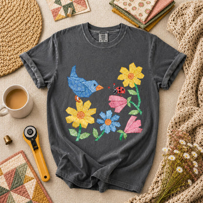 Patchwork Bluebird Wildflowers Ladybug - Grey