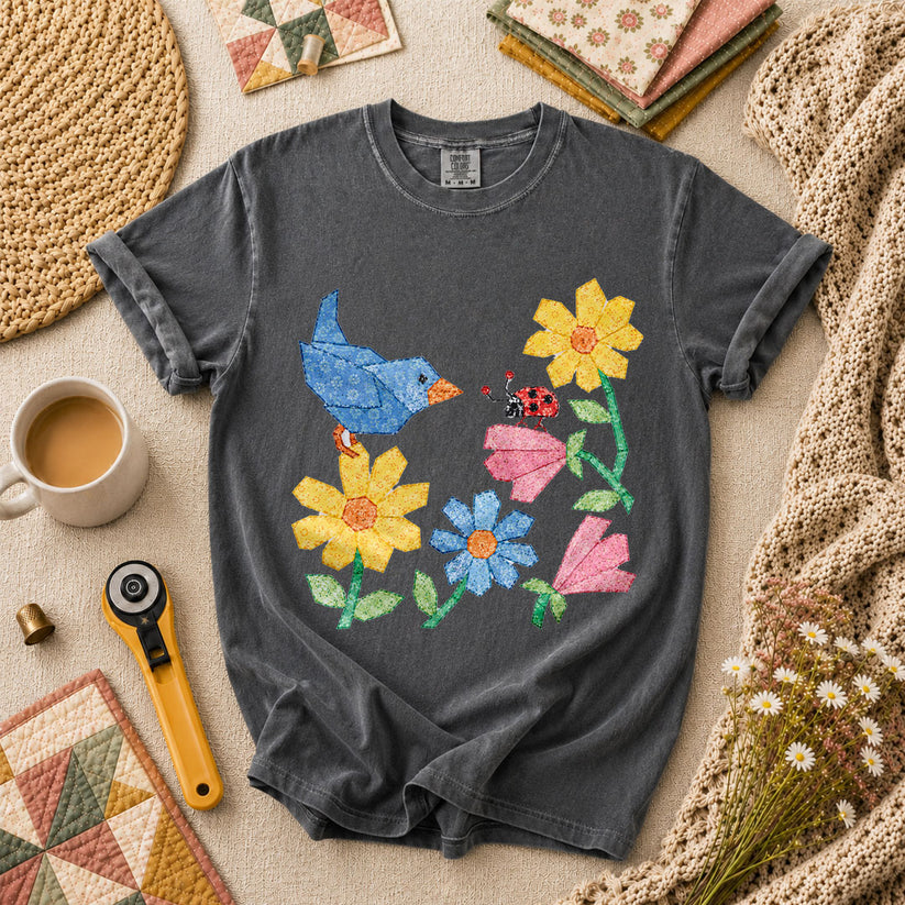 Patchwork Bluebird Wildflowers Ladybug - Grey