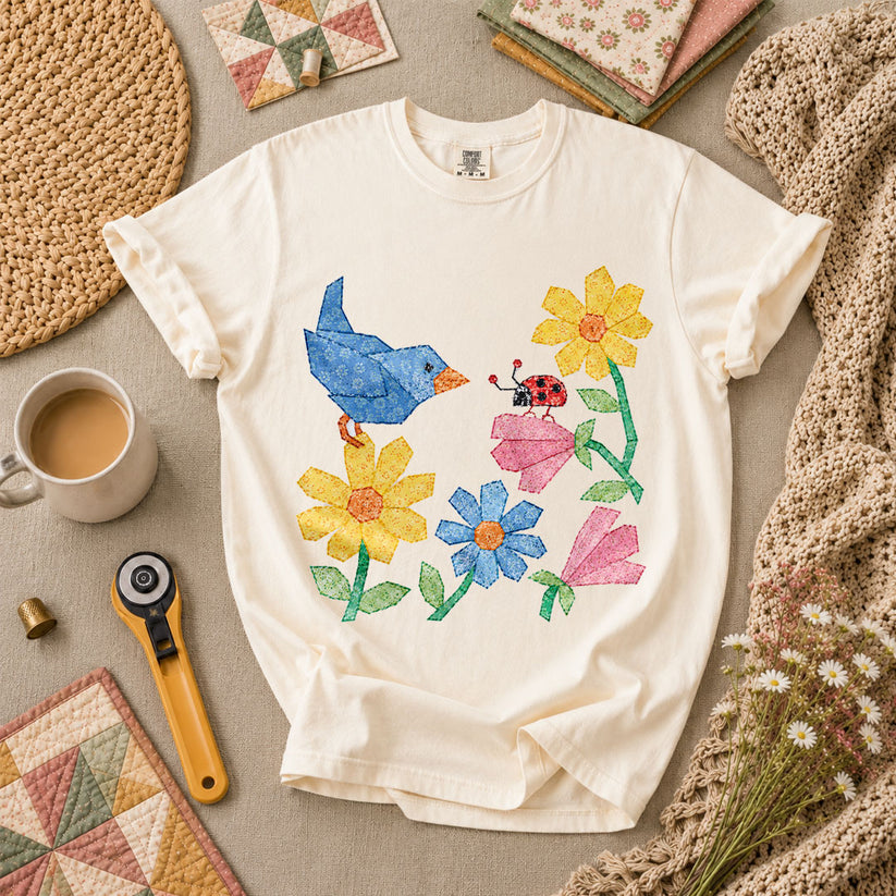 Patchwork Bluebird Wildflowers Ladybug - Ivory