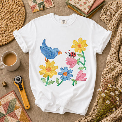 Patchwork Bluebird Wildflowers Ladybug - White