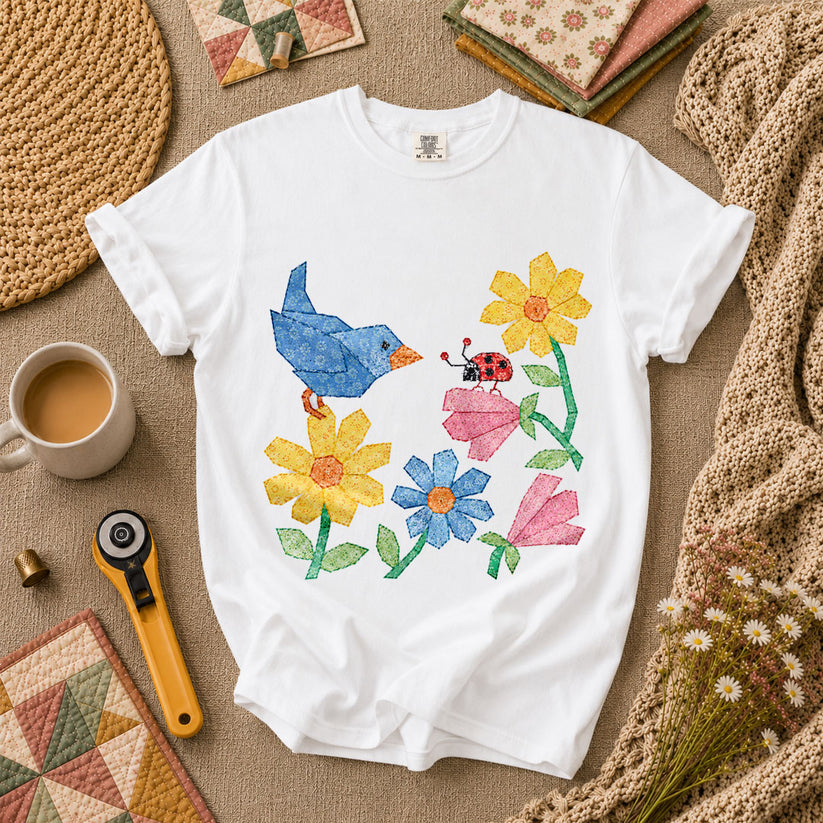 Patchwork Bluebird Wildflowers Ladybug - White