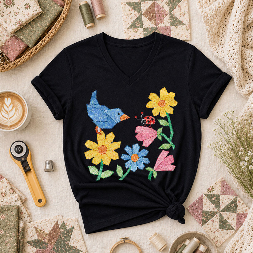 Patchwork Bluebird Wildflowers Ladybug - Black