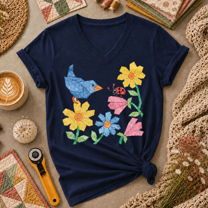 Patchwork Bluebird Wildflowers Ladybug - Navy