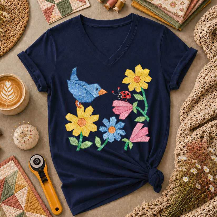 Patchwork Bluebird Wildflowers Ladybug - Navy